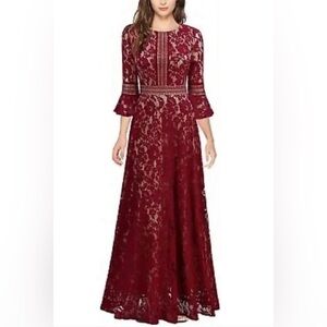 Missmay 3/4 Bell Sleeve Burgundy Lace Full Length Formal, Prom, Wedding Dress.